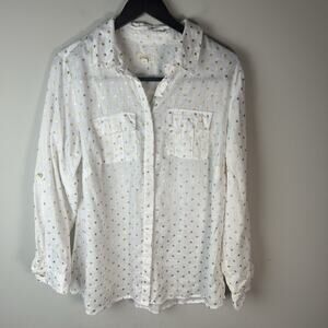 Charter Club Luxury Womens 100% Linen Shirt Size 1X White Gold Dots Tab Sleeves